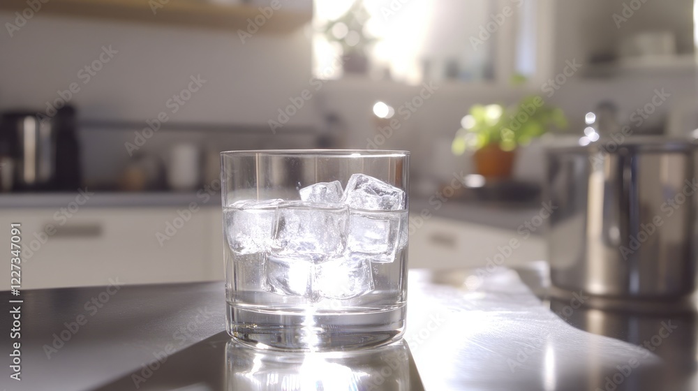 Poster a glass of water with ice cubes on a sleek kitchen counter, illuminated by soft light, creating a mo