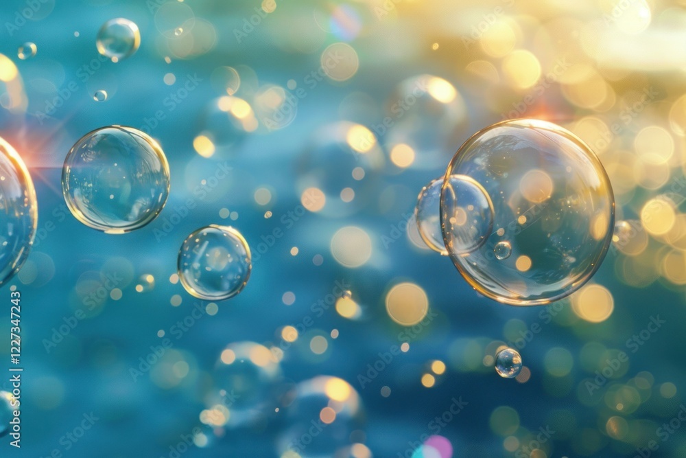 Poster soap bubbles floating in the air creating a beautiful abstract background with golden bokeh