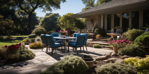 Obraz premium Charming Backyard Garden with Outdoor Seating and Vibrant Flowers at Sunset