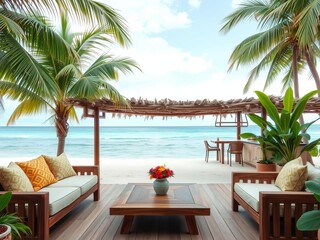 Fototapeta premium Outdoor seating area on beach overlooking ocean and tropical greenery, wooden furnishings, comfy pillows, coffee table, snack bar, quiet clear sea, furnishings, tropical, ocean