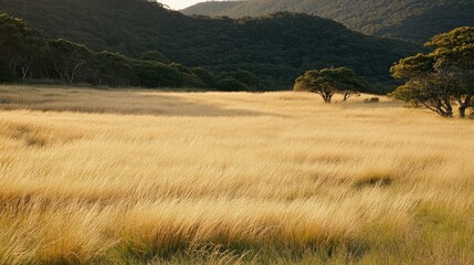 Obraz premium A golden field with tall grasses gently waving in the breeze, bathed in warm sunlight, creating a tranquil and calming visual backdrop.