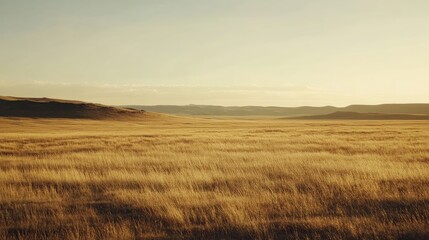 Obraz premium A golden grass field at sunset, with the last rays of sunlight casting a warm glow on the landscape, perfect for creative content or nature visuals.