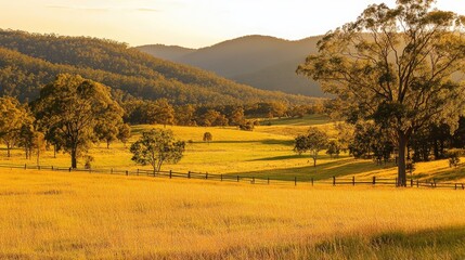 Fototapeta premium A golden grass field in late afternoon with warm sunlight creating a soft glow over the landscape, offering a peaceful and inviting environment.