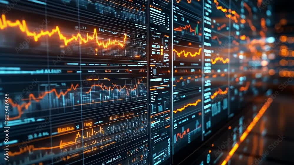 Poster digital data visualization with glowing graphs and charts in a high-tech environment