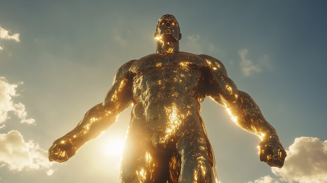 The Colossus of Rhodes, towering bronze figure with glistening metallic patterns reflecting sunlight
