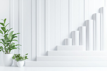 Neutral white space showcases rising bar chart lines created with stylized elements. Bright, even lighting enhances the subtle gradients. Planters with greenery add life and contrast