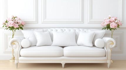Elegant white sofa in classic room, pink roses. Home decor, interior design