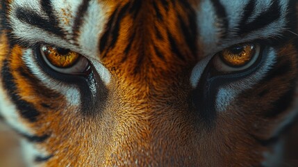 A mesmerizing close-up of a tiger's intense gaze, revealing its amber eyes and intricate fur pattern, showcasing raw power and beauty in wildlife photography