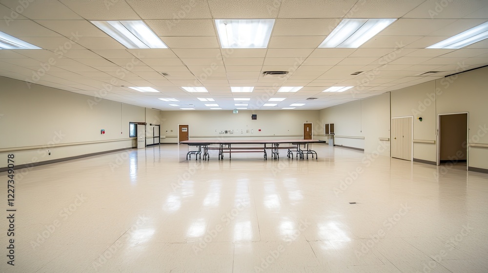 Poster a large, empty conference room with a long table and open seating area, featuring clean lines and a 