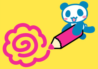 シンプルなシアン色パンダがピンク色花丸を描く