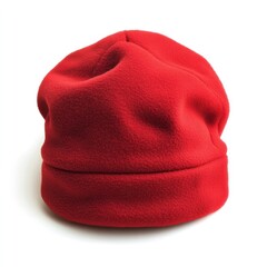 Red fleece beanie hat isolated on white.