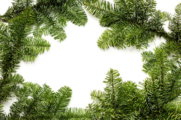 Green pine branches isolated on a white background, top view. Festive winter holiday themes