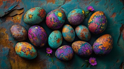 Easter eggs with elaborate designs sit in a beautiful spring setting, surrounded by greenery and flowers, generating a festive atmosphere