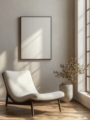 Modern Scandinavian Lounge Chair and Blank Canvas in Minimalist Living Room Design