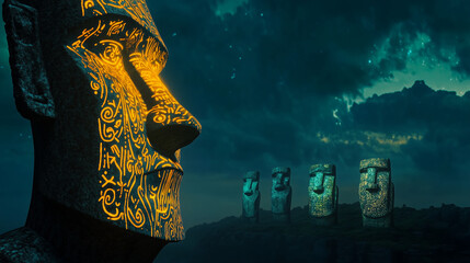 The Moai statues of Easter Island, surfaces covered in glowing tribal patterns and celestial designs