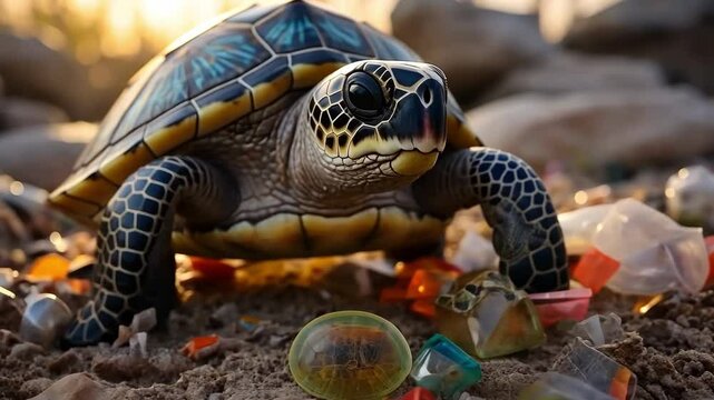 Plastic pollution in ocean environmental problem. Sea Turtle crawling through discarded plastic rubbish which it can mistake for jellyfish food
