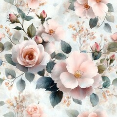 seamless watercolor floral pattern with blooming roses and greenery soft pastels background botanical tile