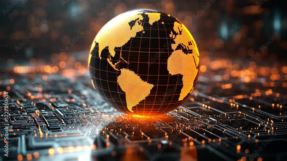 Poster a digital globe displays interconnected circuits representing global technology advancements