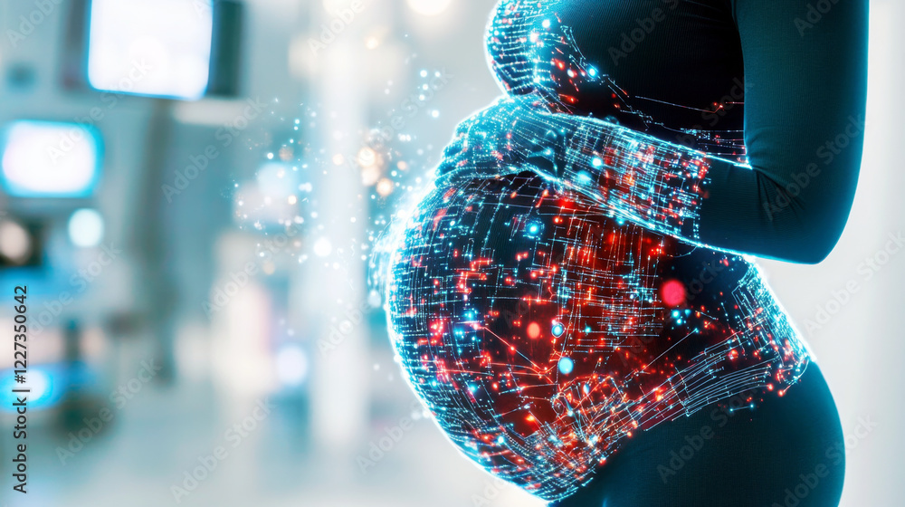 Poster a pregnant woman stands in a modern, high-tech environment illuminated by glowing data patterns that