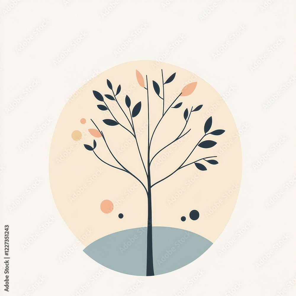 Poster tree icon design featuring branches and leaves against a soft background with minimalistic shapes an