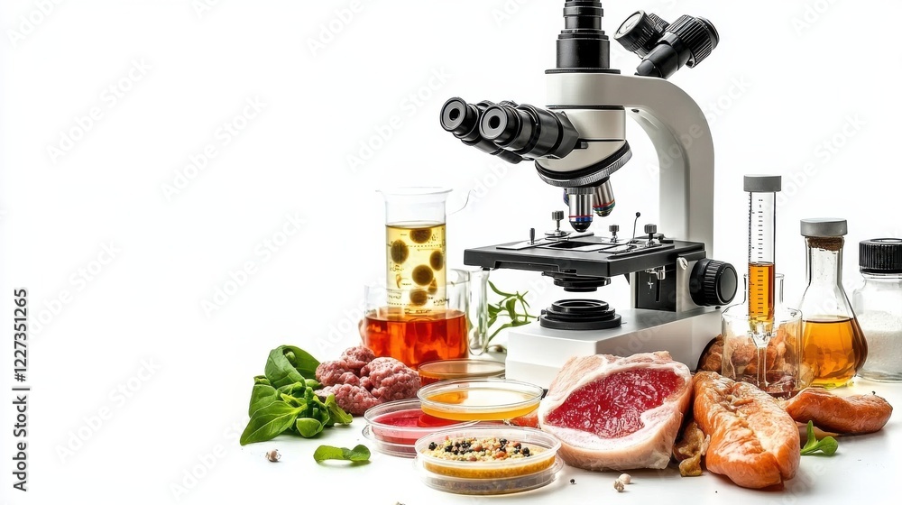 Poster laboratory setting showcasing a microscope surrounded by various food samples and ingredients