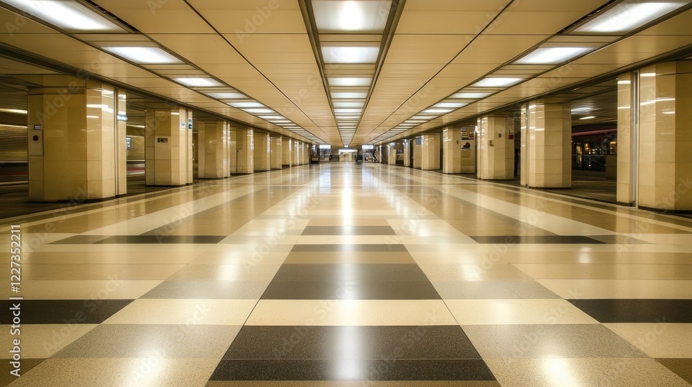 Poster a wide, empty hallway with soft lighting and modern, sleek design, creating an open space for creati