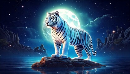white tiger with glowing stripes, standing on a floating rock under 