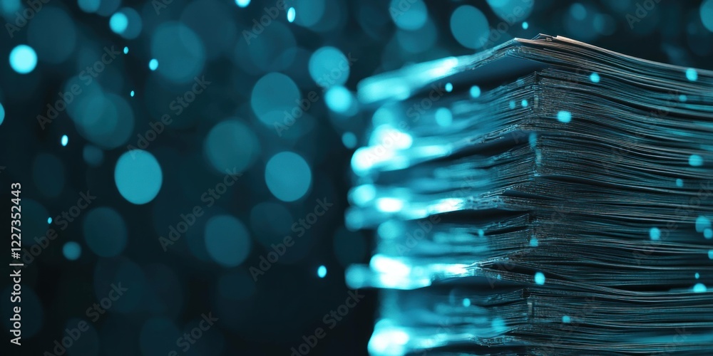 Poster abstract stack of documents illuminated by blue bokeh lights, representing digital transformation an