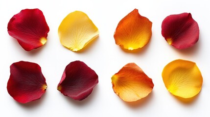 Naklejka premium Isolated Red and Yellow Rose Petals Set on White Background for Floral Composition, Decoration, or Creative Design Projects