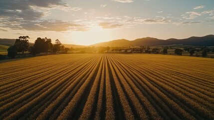 Fototapeta premium A wide shot of a wheat field during golden hour, with the warm sunlight casting long shadows over the rows of wheat.