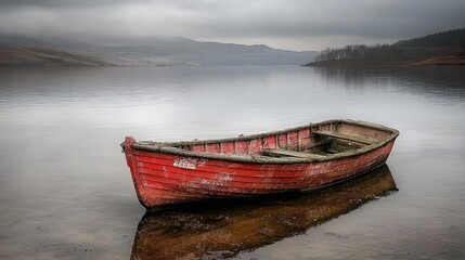 Lonely red boat on calm lake, hills background, serene winter scene, stock photo