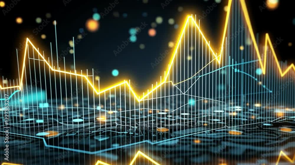 Poster vibrant digital visuals showcase dynamic data trends with glowing lines