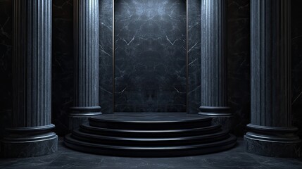 Realistic black marble podium with classical black marble background