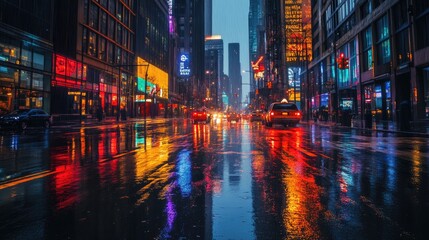 Wet city streets glowing with neon reflections from futuristic skyscrapers on a dark, rainy night