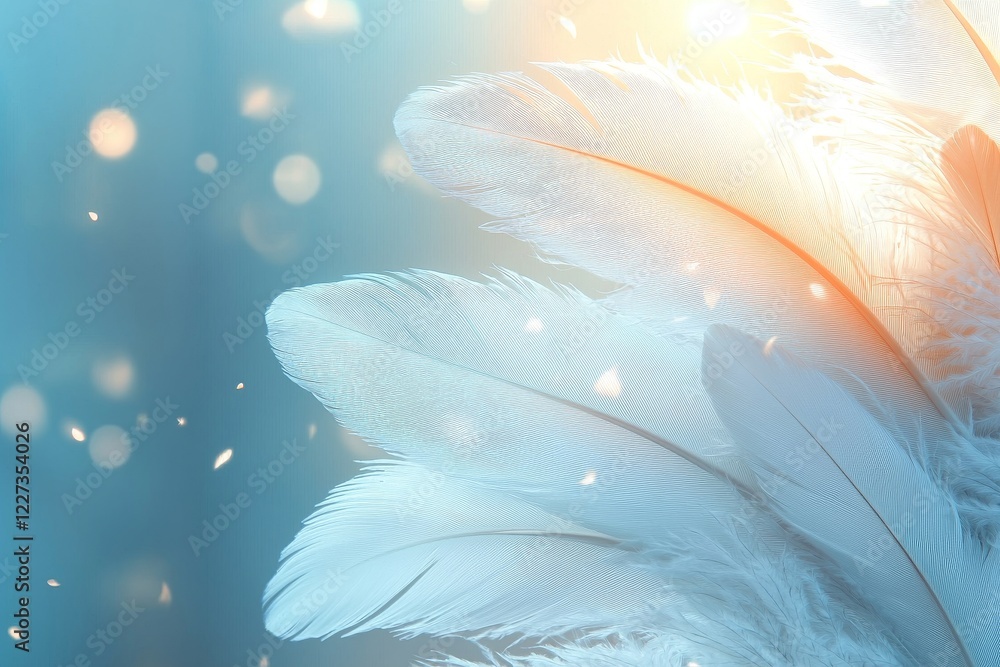 Poster background features a mesmerizing white feather pattern texture illuminated by an orange light