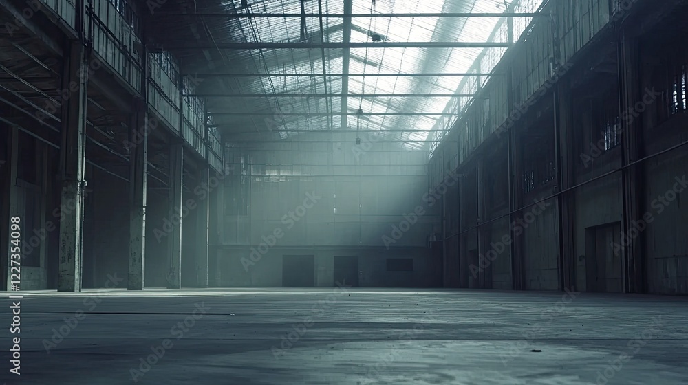 Poster an empty, industrial warehouse with high ceilings and open floor space, ideal for adding dynamic vis