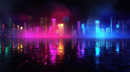Fototapeta premium A dark futuristic skyline glowing with neon colors, wet city streets glistening with rain and light reflections