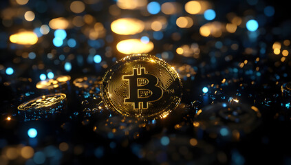 Bitcoin with glowing lights..Gold bitcoin symbol. Coins on black background.