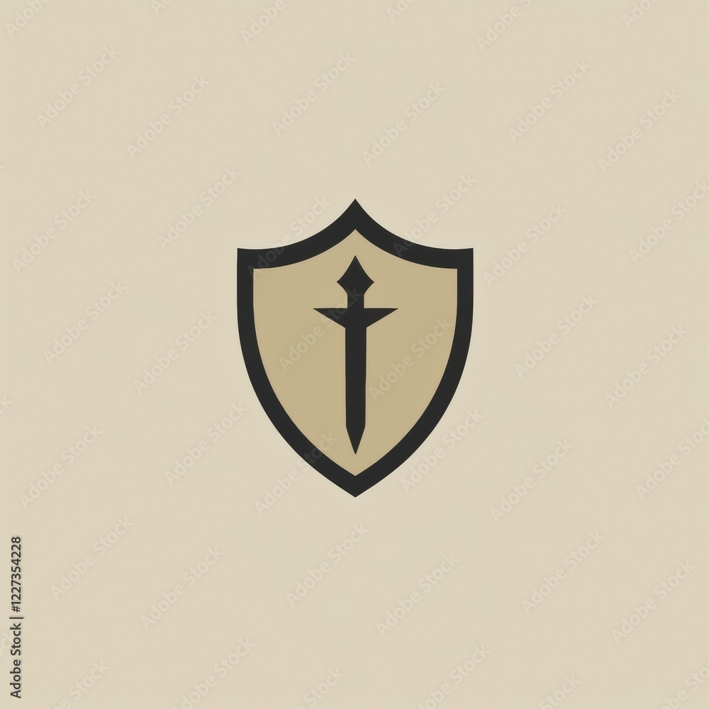Poster logo design featuring a shield and sword on a neutral background representing strength and protectio