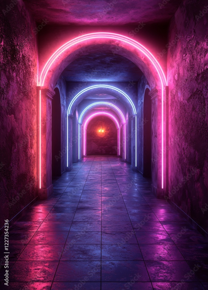 Poster a darkness engulfed stage, only punctuated by the glow of neon lights in an otherwise empty show sce