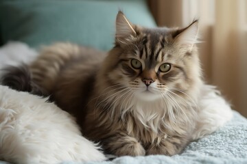 Obraz premium A fluffy Siberian tabby-colored cat lies and looks at the camera