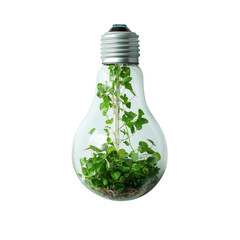 An electric light bulb with green plants inside on transparent background