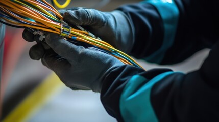 A close-up of an electrician installing cables in a newly constructed building, Electrical installation scene, Technical expertise style