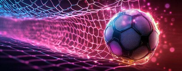 Futuristic Soccer Ball Hitting the Net in Cyberpunk Style with Neon Lights and Dynamic Motion Effects