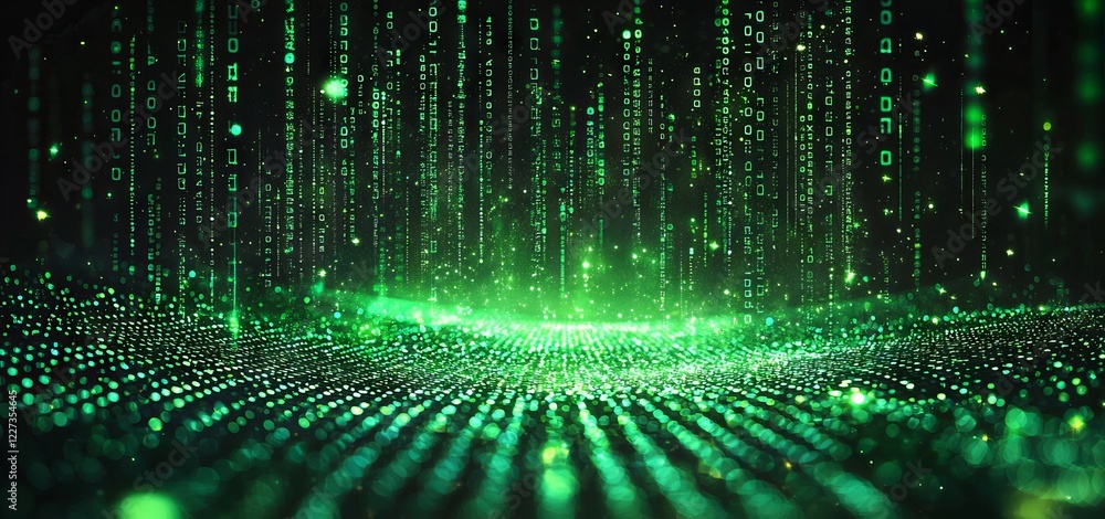 Poster a digital backdrop with binary code. includes hackers, darknet, virtual reality, and science fiction