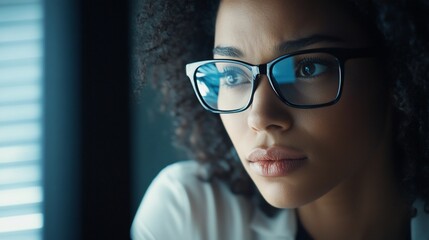 Close up portrait of a woman wearing glasses in a dark lit room looking focused