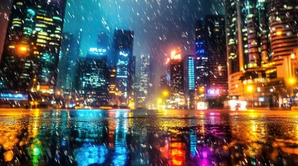 Obraz premium A glowing cyberpunk city with neon-lit skyscrapers and reflective streets under a rainy night sky