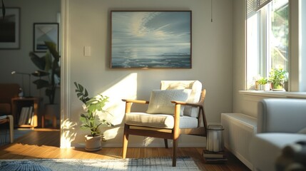 Cozy living room with a sunlit armchair, serene ocean painting, and plants, evoking relaxation