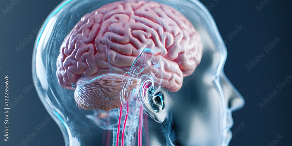 Poster three-dimensional rendering of human brain within translucent skull