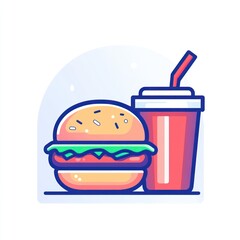Burger and soda combo, fast food meal,  white background, restaurant menu illustration